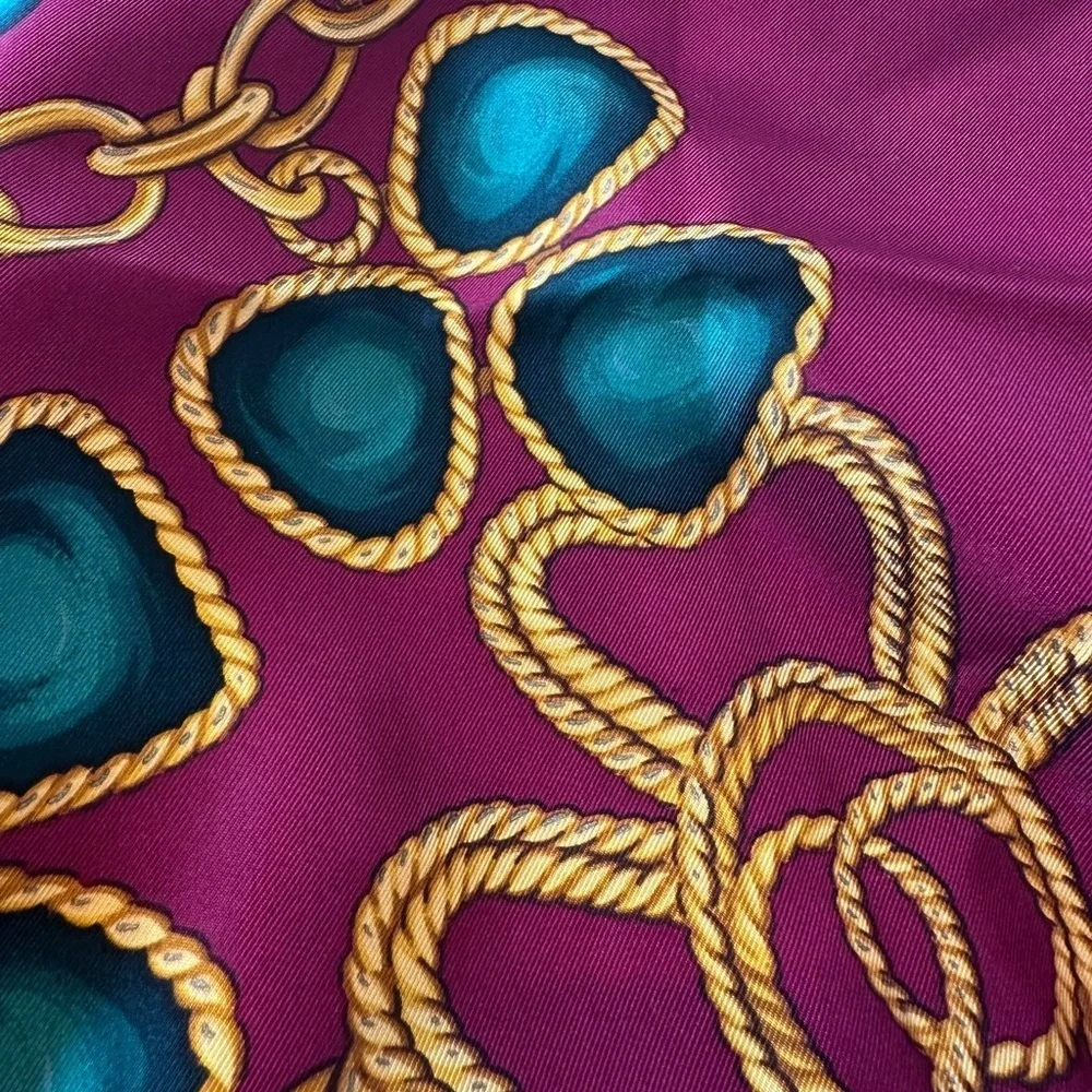 Auth Chanel gold chain and medallion design, Silk Scarf